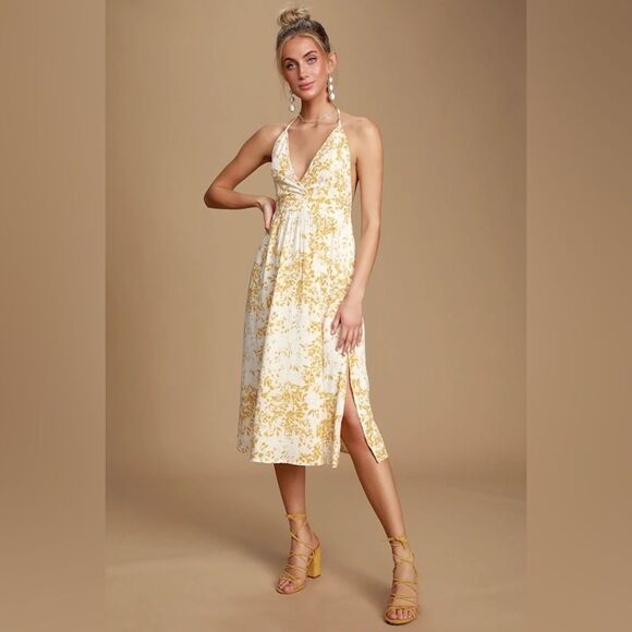 O’Neill Andre Mustard Yellow Floral Print Halter Dress - Picture 1 of 10